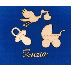 SKLEJKA #3mm Zestaw dziecięcy ŚREDNI , narodziny, Chrzest Święty, ozdoba pudełka itp (wózek, smoczek ,bocian,imię) metryczka